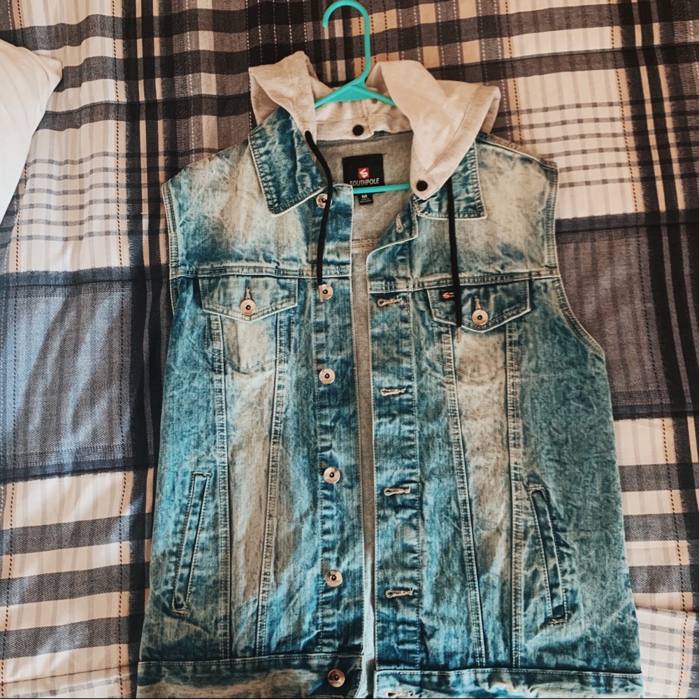 Sleeveless denim jacket with hood
